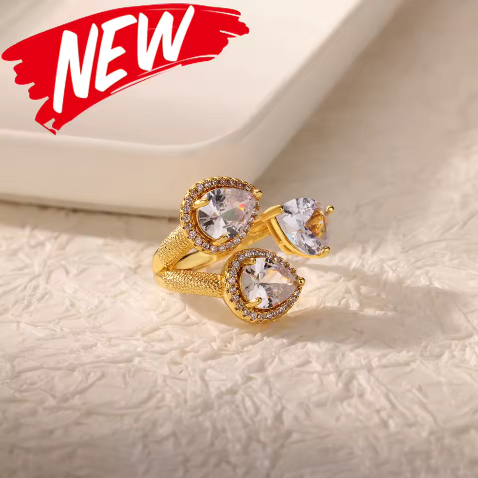 Bague Dorée Cœur Zircon – Luxe, Ajustable & Ultra Brillante